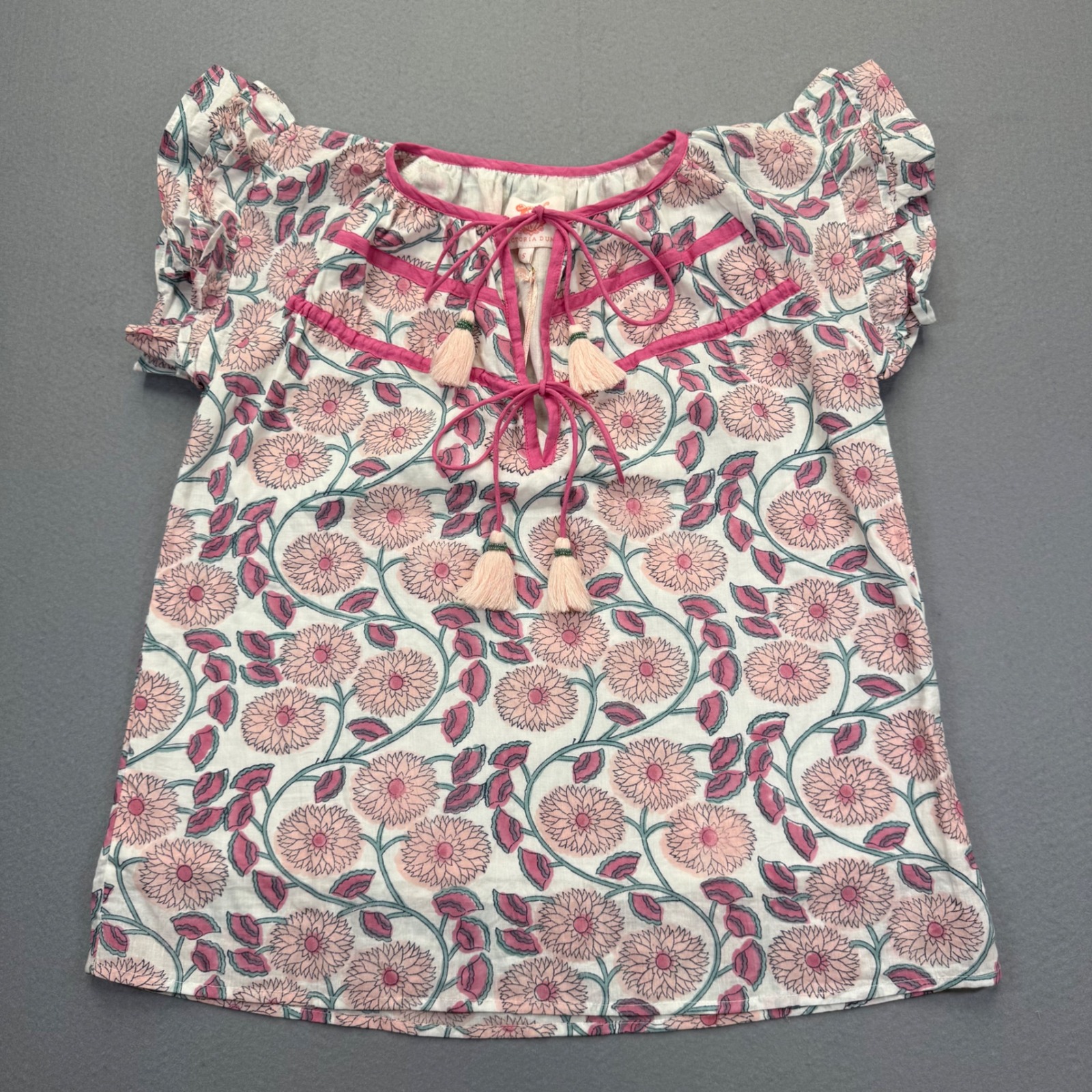 Victoria Dunn Sami Blouse Geranium Pink Floral Block Print Tie Neck Top S New